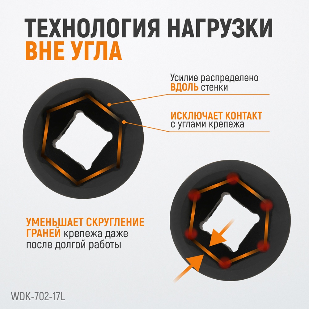 WDK-702-17L Головка торцевая ударная глубокая тонкостенная 1/2", 6 гр. 17 мм. Wiederkraft