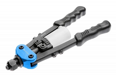 HOEGERT Заклепочник двуручный, короткий, 250 мм, для стальных и алюминиевых заклепок, 5 сменных головок, 2,4 - 4,8 мм